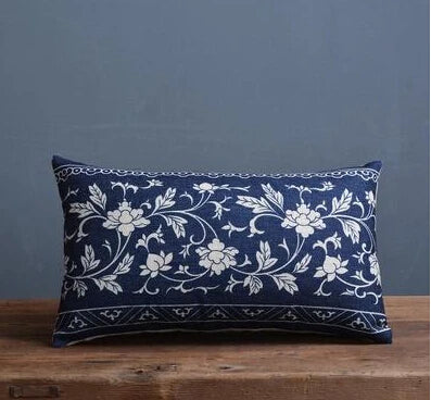 Ethnic Blue Floral Decorative Pillow Cover – Flower & Bird Farmhouse Look - Glow by Hellen African and Boho Jewelry African Home Decor Cultural Accessories
