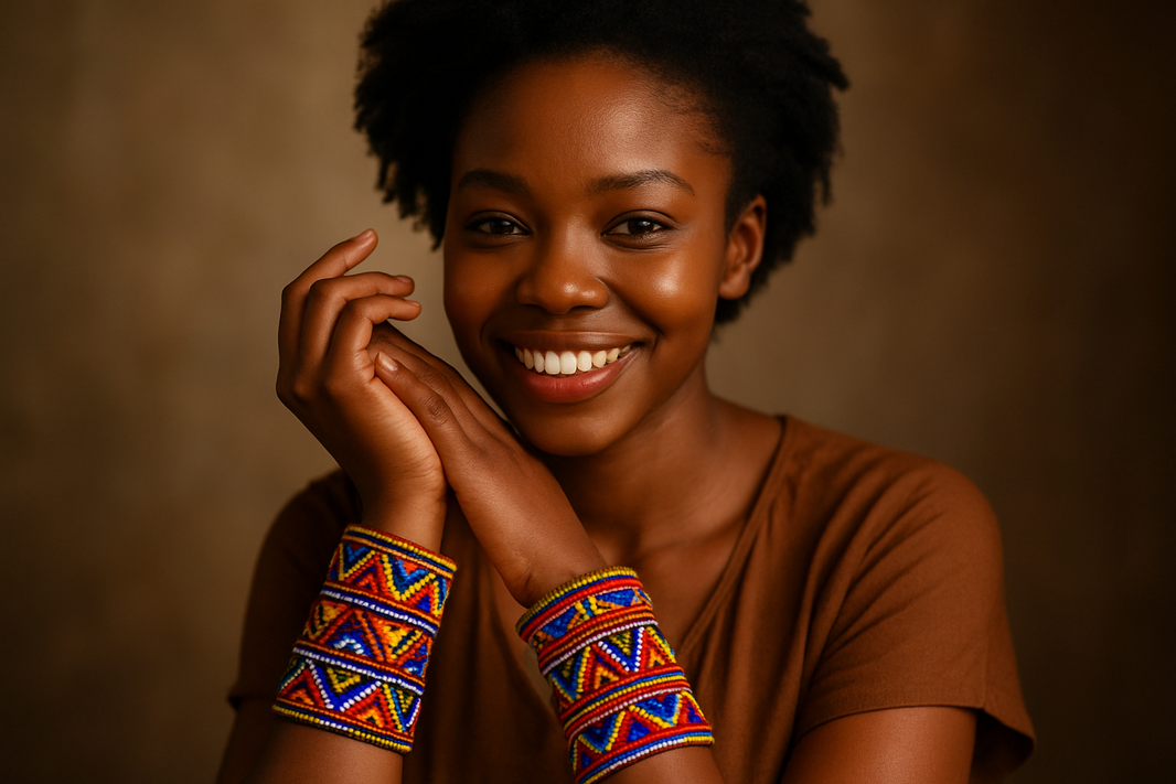 vytvor mi fotku africke mlade krasne zeny ktera bude mit na rukou typicke kenya naramky