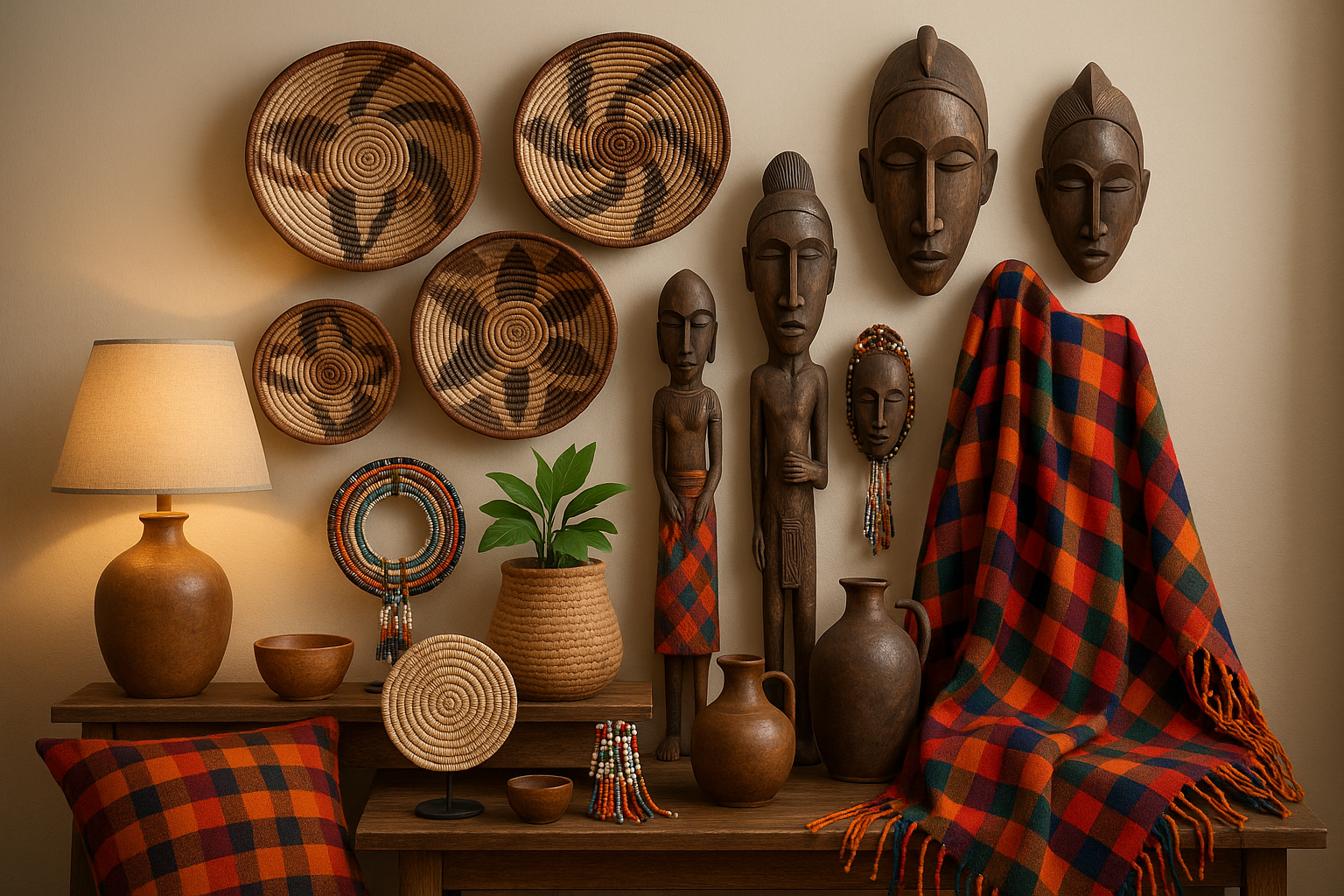 vytvor mi obrazek ktery bude dokonale prestavovat kategerii s produkty HOME decor v africkem stylu nejlepe kenya