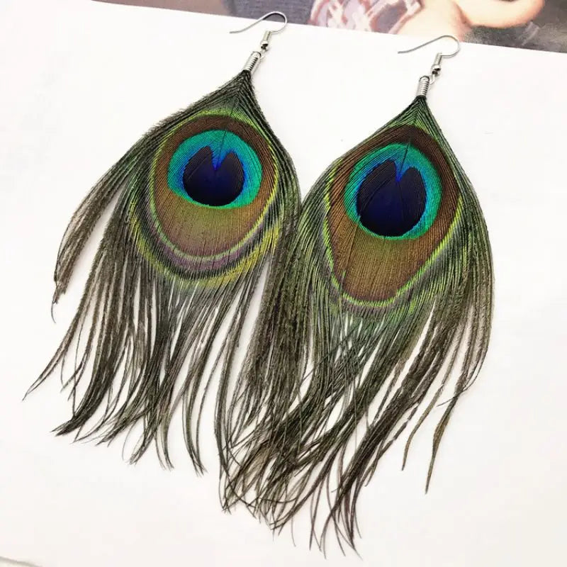 MAASAI PEACOCK PLUMES EARRINGS – Unique Imitation Feather Exaggerate Boho Statement Jewelry - Glow by Hellen African and Boho Jewelry African Home Decor Cultural Accessories