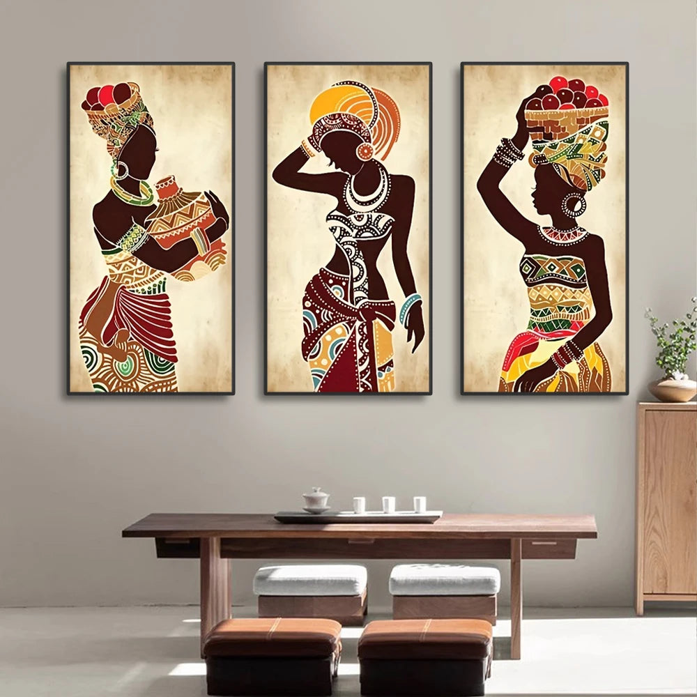 NDEBELE TRIO CANVAS SET – 3x Vintage Figure Wall Art Prints - Glow by Hellen African and Boho Jewelry African Home Decor Cultural Accessories