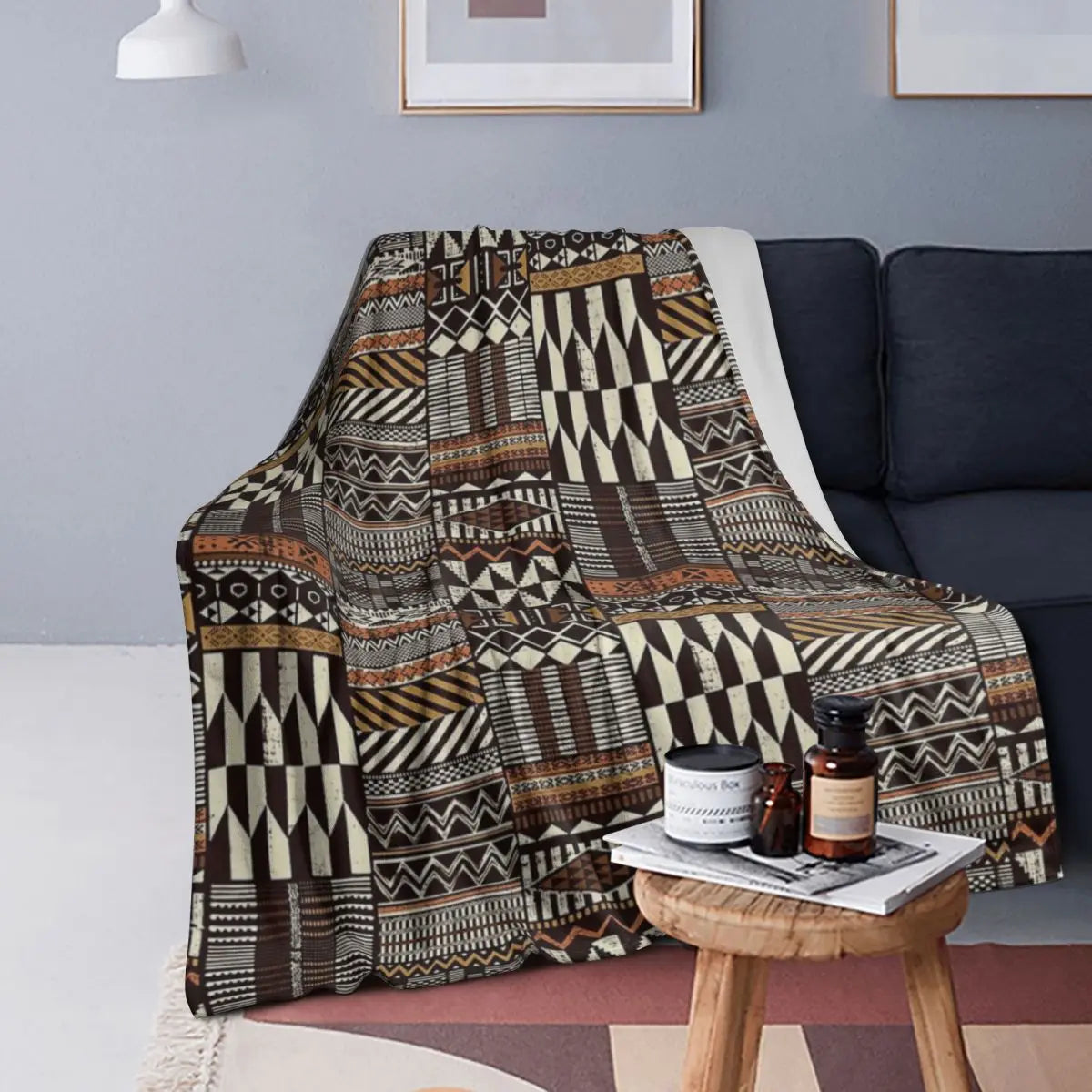 KUBA PATCHWORK THROW BLANKET – Native African Tribal Style Soft Flannel Bedspread - Glow by Hellen African and Boho Jewelry African Home Decor Cultural Accessories