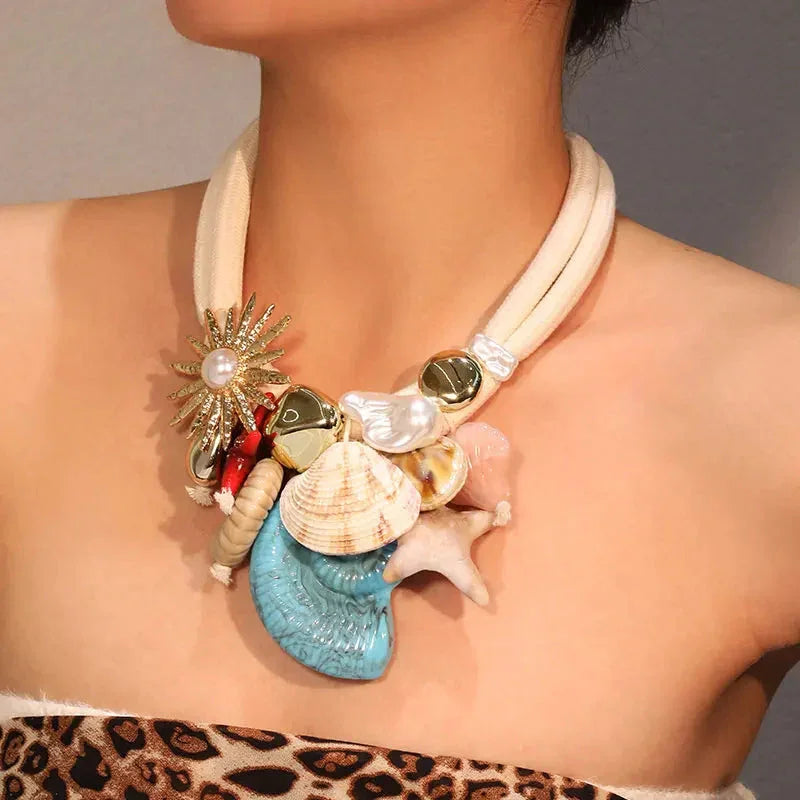 Boho Luxe Statement Necklace — Shells &amp; Sparkling Flower - Glow by Hellen African and Boho Jewelry African Home Decor Cultural Accessories