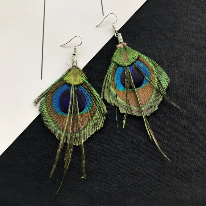 MAASAI PEACOCK PLUMES EARRINGS – Unique Imitation Feather Exaggerate Boho Statement Jewelry - Glow by Hellen African and Boho Jewelry African Home Decor Cultural Accessories