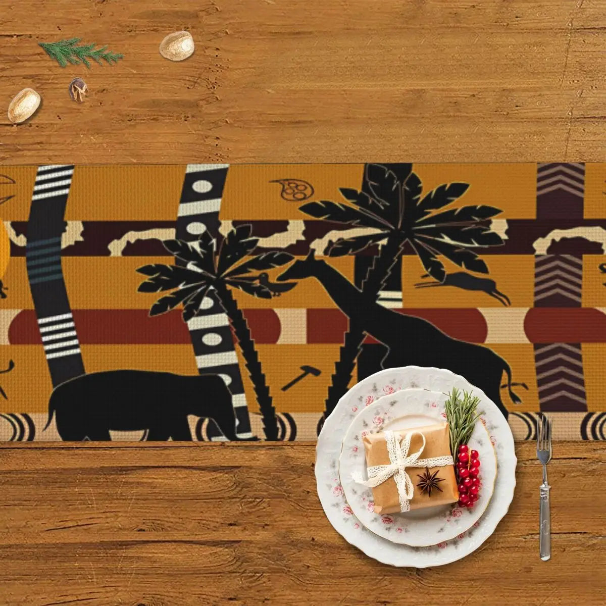 African Black Woman Table Runner with Elephant & Giraffe Motifs – Luxury Dining Elegance - Glow by Hellen African and Boho Jewelry African Home Decor Cultural Accessories