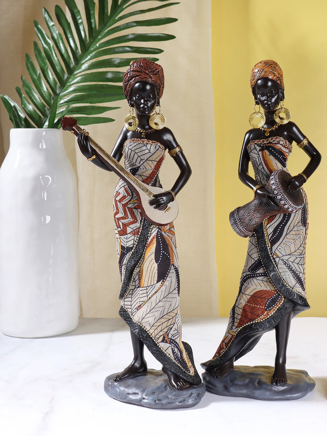 MANGBETU MELODY FIGURINE – African Female Musician Sculpture Resin Ornament - Glow by Hellen African and Boho Jewelry African Home Decor Cultural Accessories