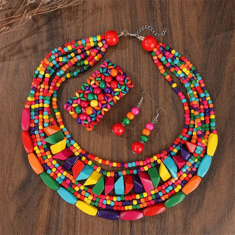 Boho Multilayer Big Colorful Wood Jewelry Set - Glow by Hellen African and Boho Jewelry African Home Decor Cultural Accessories