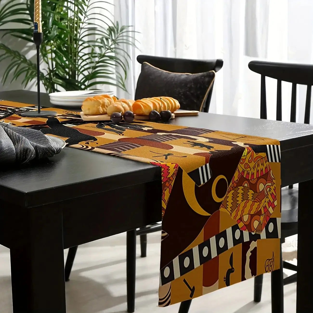 African Black Woman Table Runner with Elephant & Giraffe Motifs – Luxury Dining Elegance - Glow by Hellen African and Boho Jewelry African Home Decor Cultural Accessories