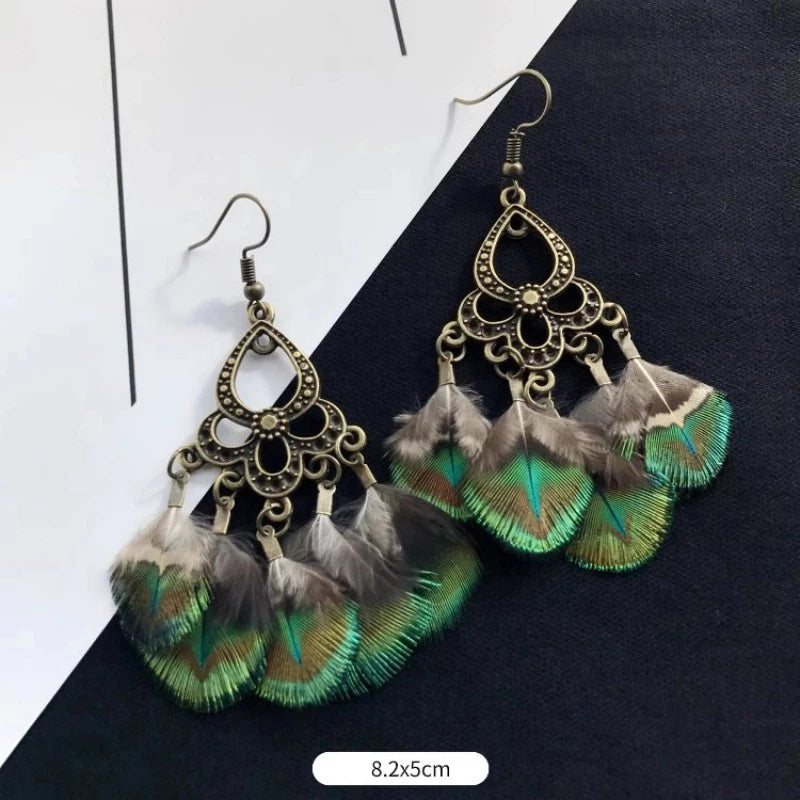 MAASAI PEACOCK PLUMES EARRINGS – Unique Imitation Feather Exaggerate Boho Statement Jewelry - Glow by Hellen African and Boho Jewelry African Home Decor Cultural Accessories