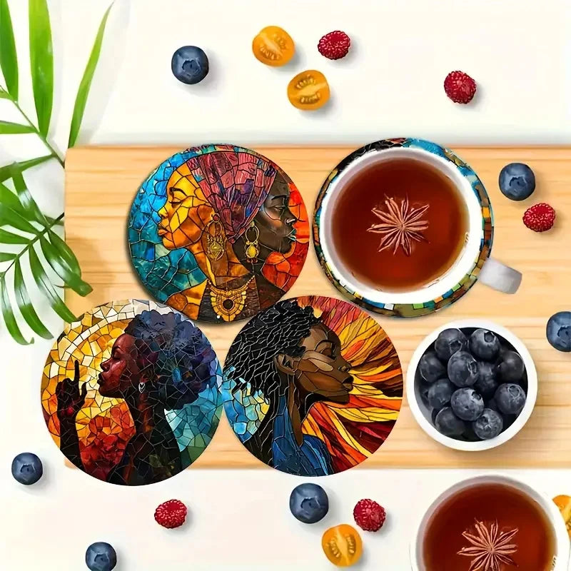 8 Circular Wooden Coasters – Artistic, Durable &amp; Anti-Slip - Glow by Hellen African and Boho Jewelry African Home Decor Cultural Accessories