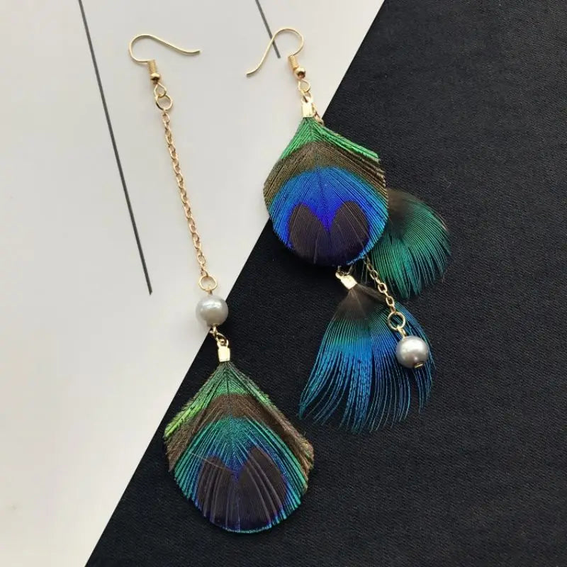 MAASAI PEACOCK PLUMES EARRINGS – Unique Imitation Feather Exaggerate Boho Statement Jewelry - Glow by Hellen African and Boho Jewelry African Home Decor Cultural Accessories