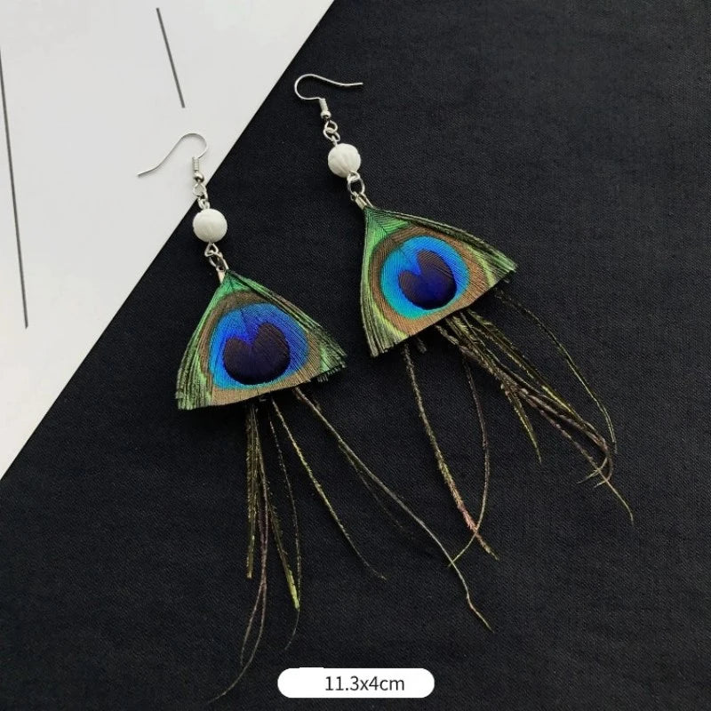 MAASAI PEACOCK PLUMES EARRINGS – Unique Imitation Feather Exaggerate Boho Statement Jewelry - Glow by Hellen African and Boho Jewelry African Home Decor Cultural Accessories