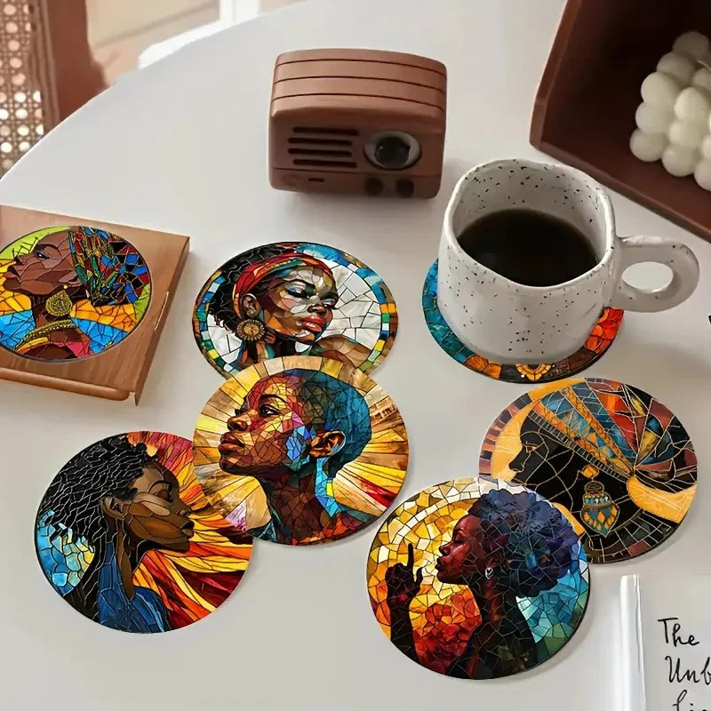 8 Circular Wooden Coasters – Artistic, Durable &amp; Anti-Slip - Glow by Hellen African and Boho Jewelry African Home Decor Cultural Accessories