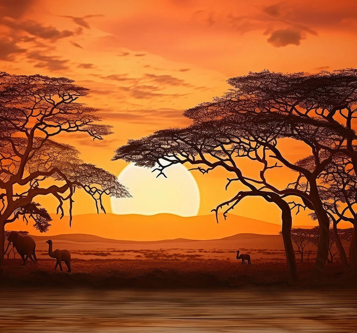 MAASAI SUNSET SCENERY BACKDROP – African Savannah Wall Mural - Glow by Hellen African and Boho Jewelry African Home Decor Cultural Accessories