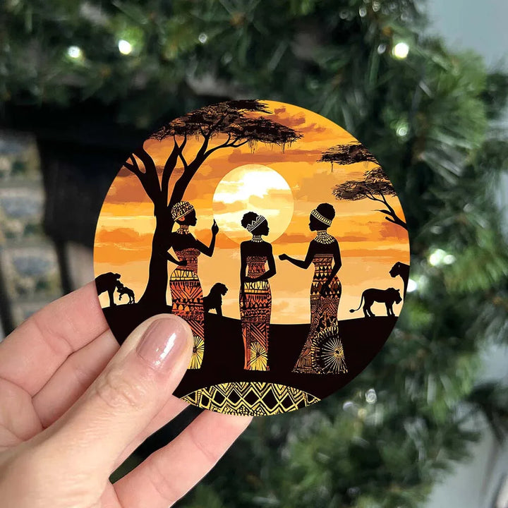 SAN SAVANNAH COASTER SET – 6 Pack Wooden Coasters with Cork Mat & Lioness Silhouette - Glow by Hellen African and Boho Jewelry African Home Decor Cultural Accessories