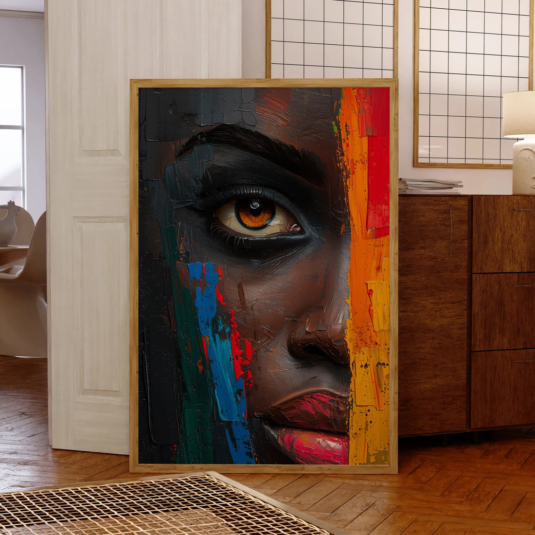 KARO GAZE ABSTRACT CANVAS – Intense Color Mysterious Woman Face Print - Glow by Hellen African and Boho Jewelry African Home Decor Cultural Accessories