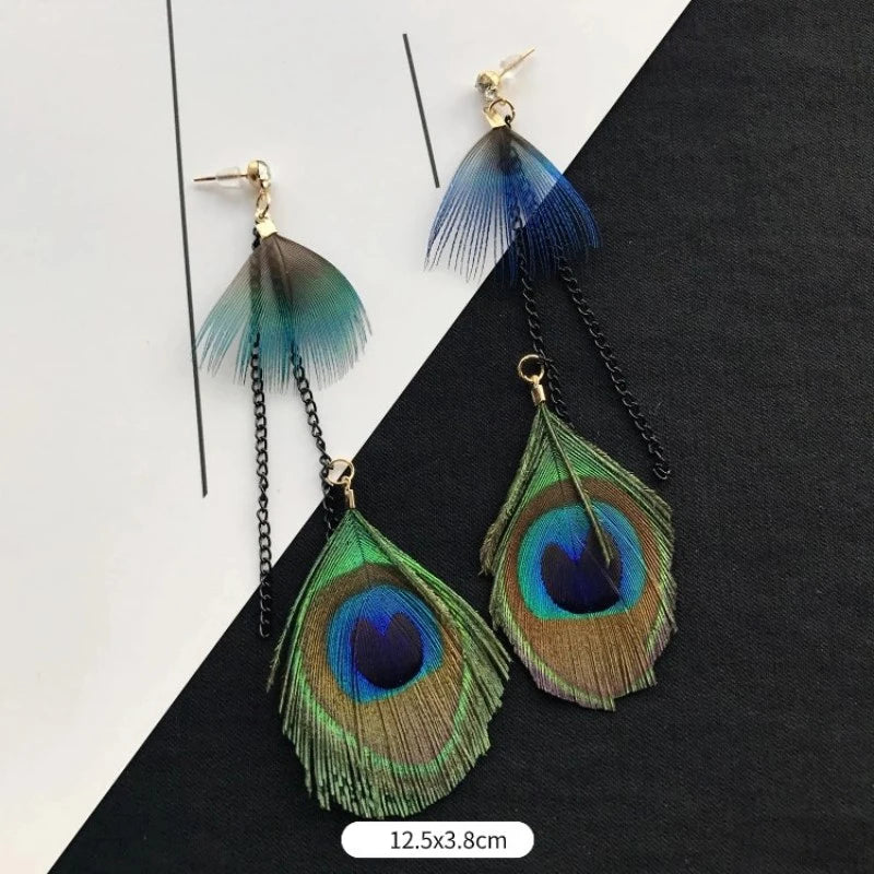 MAASAI PEACOCK PLUMES EARRINGS – Unique Imitation Feather Exaggerate Boho Statement Jewelry - Glow by Hellen African and Boho Jewelry African Home Decor Cultural Accessories