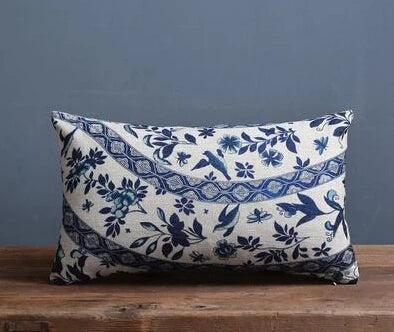 Ethnic Blue Floral Decorative Pillow Cover – Flower & Bird Farmhouse Look - Glow by Hellen African and Boho Jewelry African Home Decor Cultural Accessories