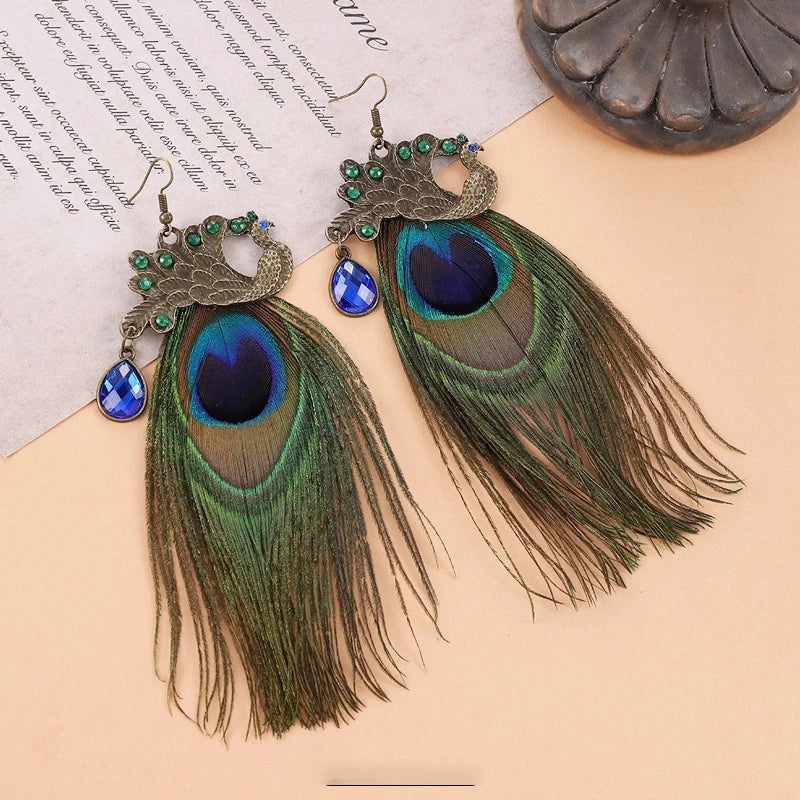 MAASAI PEACOCK PLUMES EARRINGS – Unique Imitation Feather Exaggerate Boho Statement Jewelry - Glow by Hellen African and Boho Jewelry African Home Decor Cultural Accessories