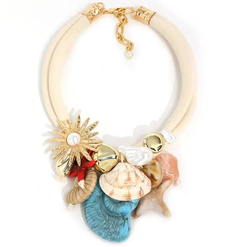 Boho Luxe Statement Necklace — Shells &amp; Sparkling Flower - Glow by Hellen African and Boho Jewelry African Home Decor Cultural Accessories
