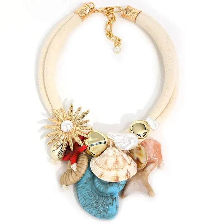 Boho Luxe Statement Necklace — Shells &amp; Sparkling Flower - Glow by Hellen African and Boho Jewelry African Home Decor Cultural Accessories