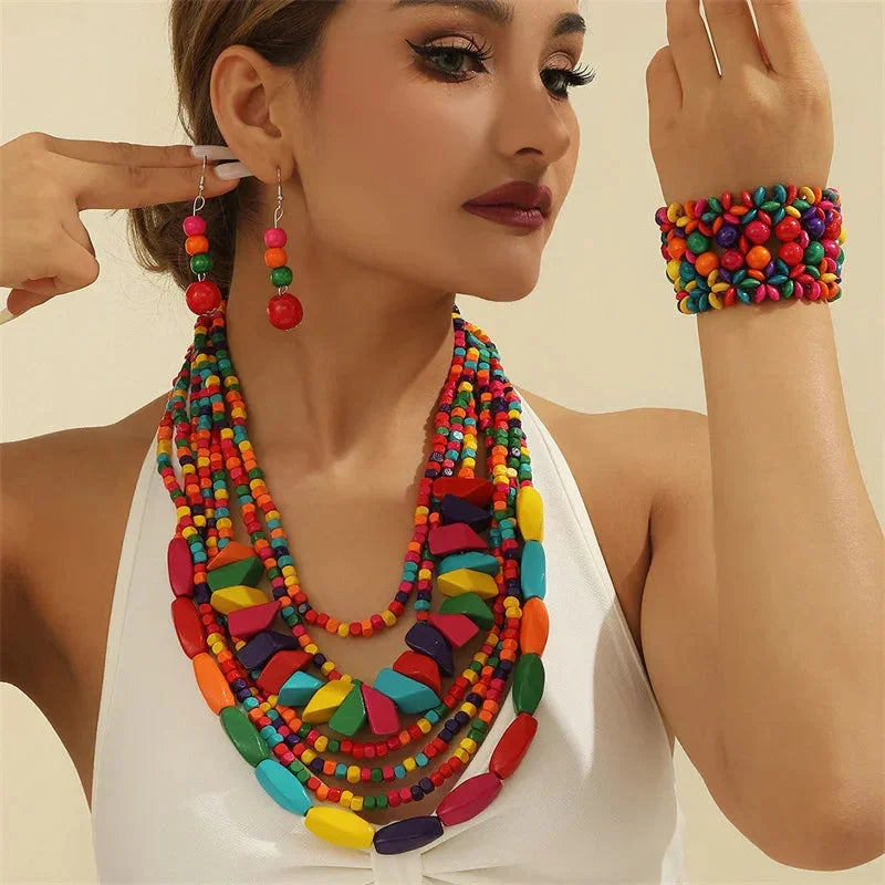 Boho Multilayer Big Colorful Wood Jewelry Set - Glow by Hellen African and Boho Jewelry African Home Decor Cultural Accessories