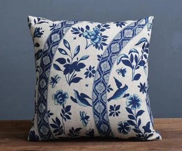 Ethnic Blue Floral Decorative Pillow Cover – Flower & Bird Farmhouse Look - Glow by Hellen African and Boho Jewelry African Home Decor Cultural Accessories