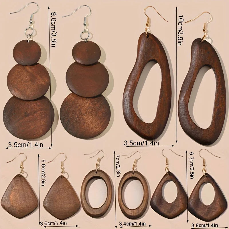 TURKANA EARTH EARRING SET – 5x Retro Brown Wooden Dangle Pairs - Glow by Hellen African and Boho Jewelry African Home Decor Cultural Accessories