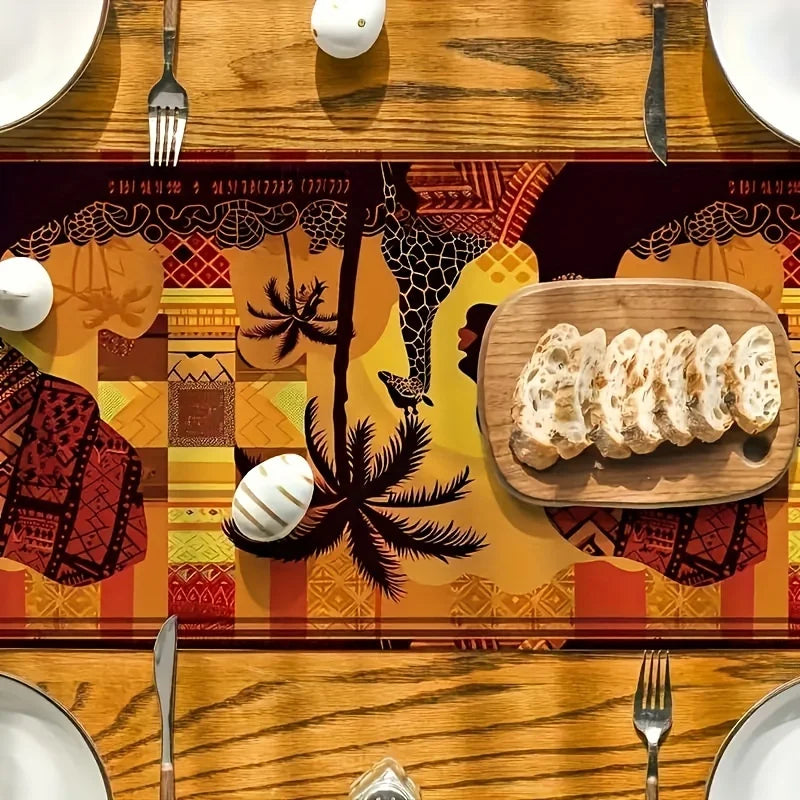 SAN SAFARI SPIRIT TABLE COVER – African Animals & Trees Print Tablecloth/Runner - Glow by Hellen African and Boho Jewelry African Home Decor Cultural Accessories