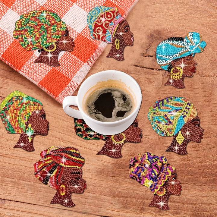8-Piece DIY Diamond Painting Coaster Set – African Women Inspired Art - Glow by Hellen African and Boho Jewelry African Home Decor Cultural Accessories