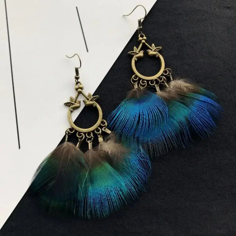 MAASAI PEACOCK PLUMES EARRINGS – Unique Imitation Feather Exaggerate Boho Statement Jewelry - Glow by Hellen African and Boho Jewelry African Home Decor Cultural Accessories