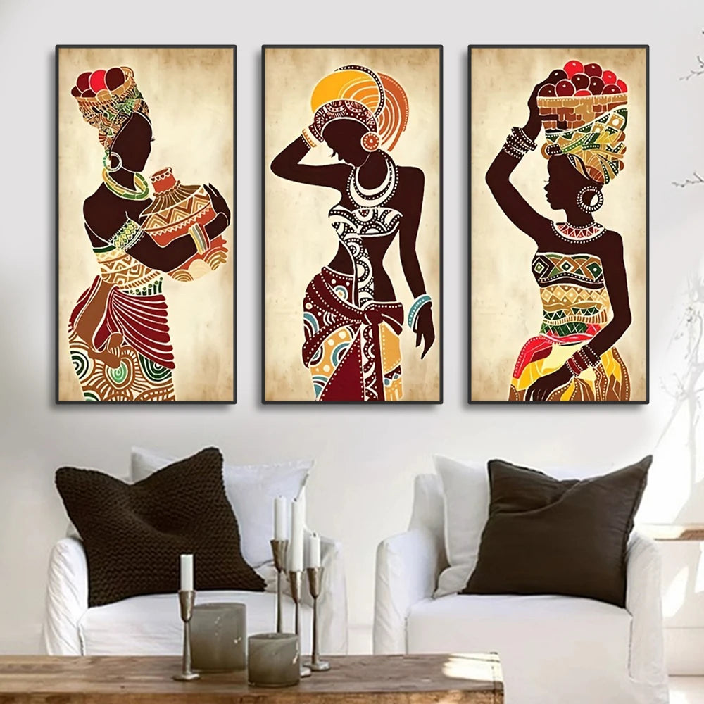 NDEBELE TRIO CANVAS SET – 3x Vintage Figure Wall Art Prints - Glow by Hellen African and Boho Jewelry African Home Decor Cultural Accessories