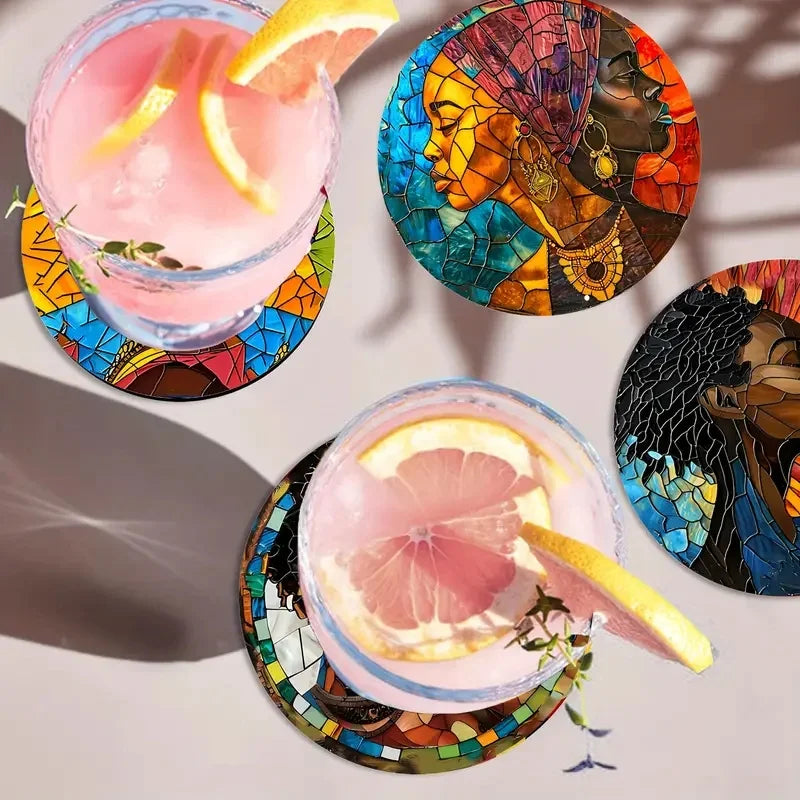 8 Circular Wooden Coasters – Artistic, Durable &amp; Anti-Slip - Glow by Hellen African and Boho Jewelry African Home Decor Cultural Accessories