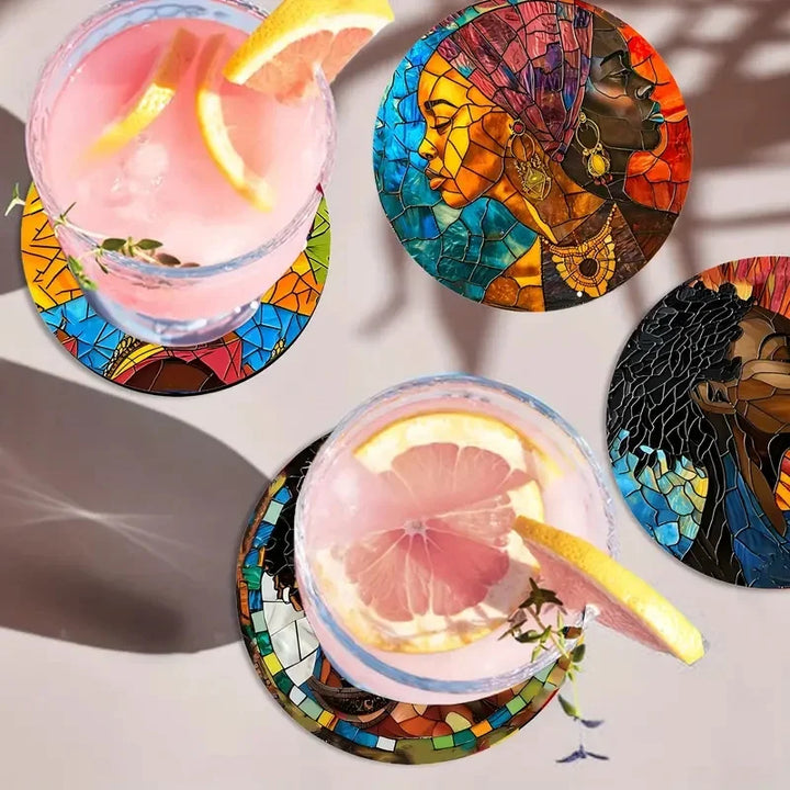 8 Circular Wooden Coasters – Artistic, Durable &amp; Anti-Slip - Glow by Hellen African and Boho Jewelry African Home Decor Cultural Accessories