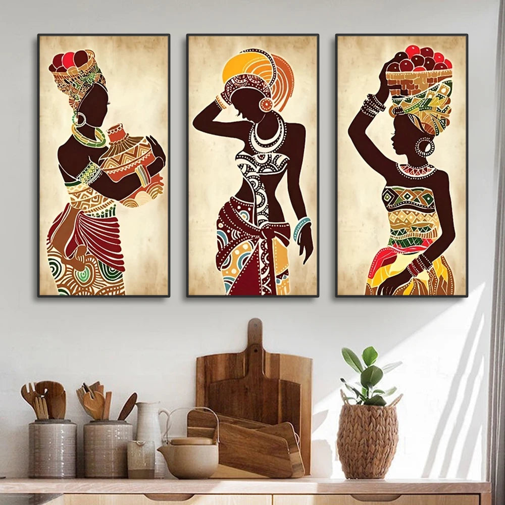 NDEBELE TRIO CANVAS SET – 3x Vintage Figure Wall Art Prints - Glow by Hellen African and Boho Jewelry African Home Decor Cultural Accessories