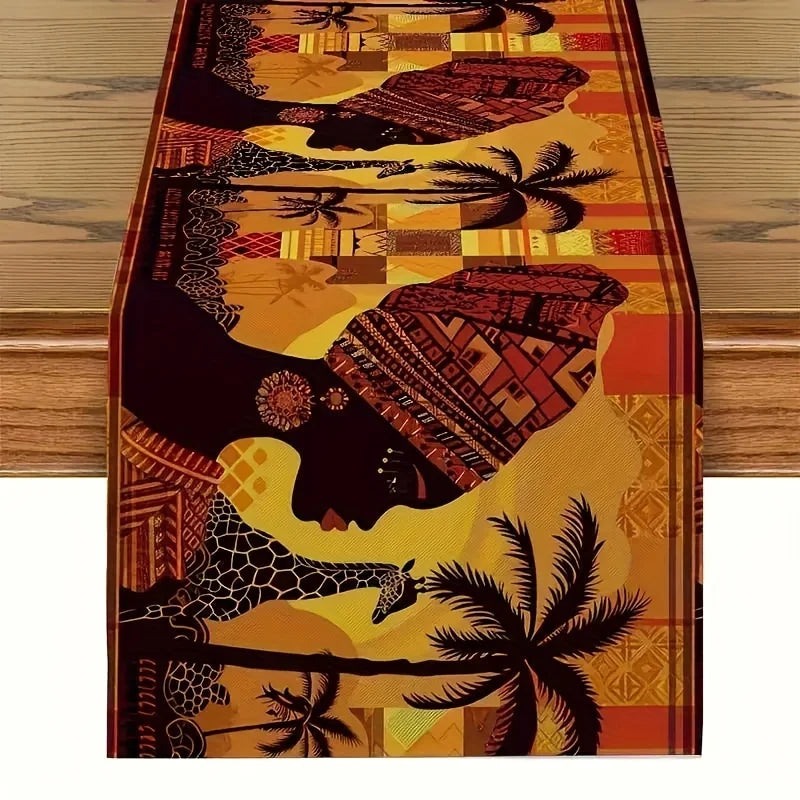 SAN SAFARI SPIRIT TABLE COVER – African Animals & Trees Print Tablecloth/Runner - Glow by Hellen African and Boho Jewelry African Home Decor Cultural Accessories