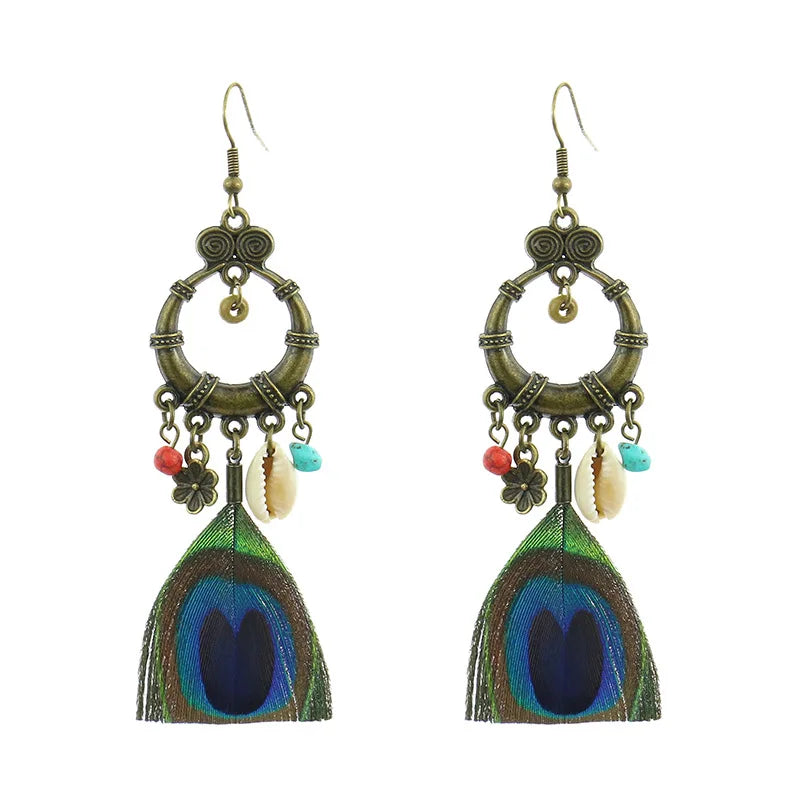 MAASAI PEACOCK PLUMES EARRINGS – Unique Imitation Feather Exaggerate Boho Statement Jewelry - Glow by Hellen African and Boho Jewelry African Home Decor Cultural Accessories