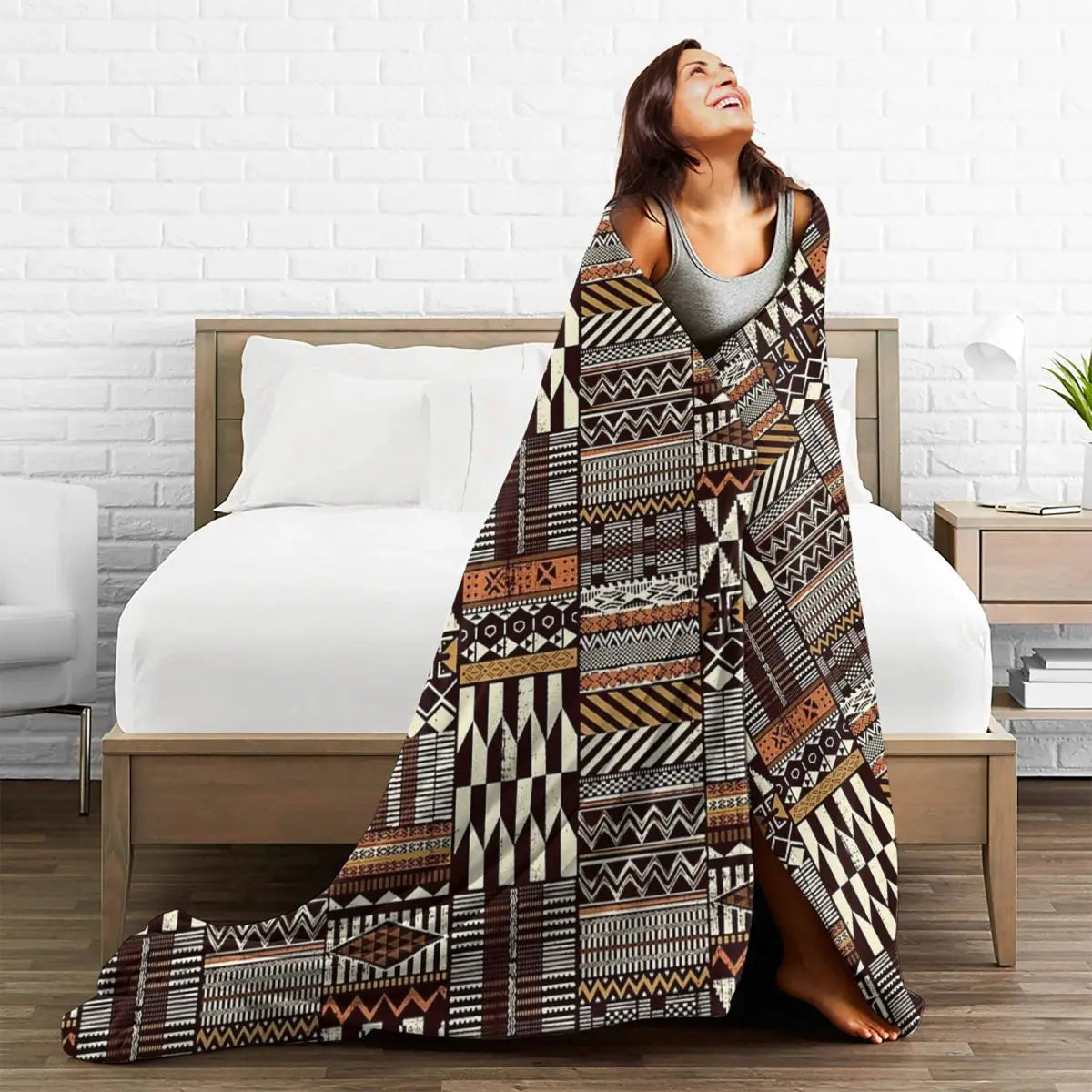 KUBA PATCHWORK THROW BLANKET – Native African Tribal Style Soft Flannel Bedspread - Glow by Hellen African and Boho Jewelry African Home Decor Cultural Accessories
