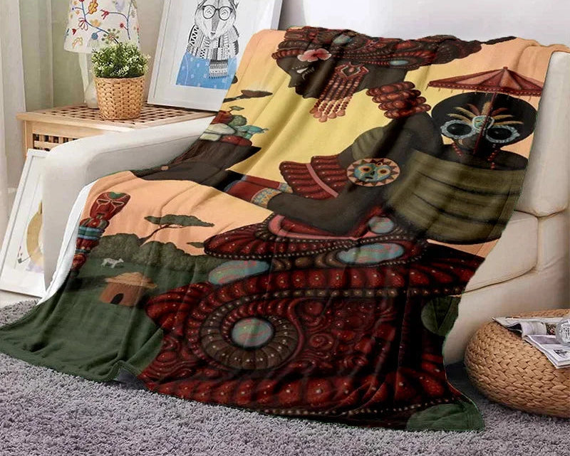 Cartoon Africa Ethiopian Custom Painting Flannel Blanket - Glow by Hellen African and Boho Jewelry African Home Decor Cultural Accessories
