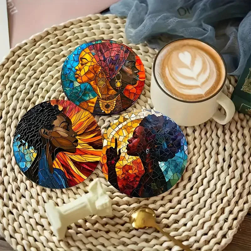 8 Circular Wooden Coasters – Artistic, Durable &amp; Anti-Slip - Glow by Hellen African and Boho Jewelry African Home Decor Cultural Accessories