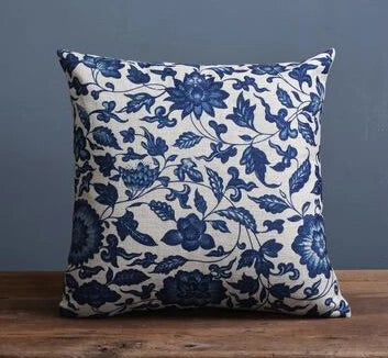 Ethnic Blue Floral Decorative Pillow Cover – Flower & Bird Farmhouse Look - Glow by Hellen African and Boho Jewelry African Home Decor Cultural Accessories
