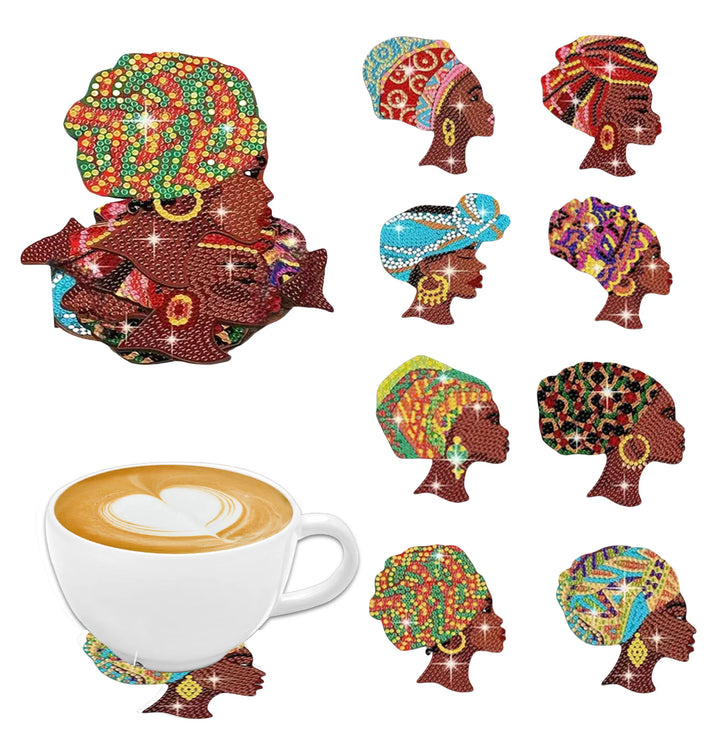 8-Piece DIY Diamond Painting Coaster Set – African Women Inspired Art - Glow by Hellen African and Boho Jewelry African Home Decor Cultural Accessories