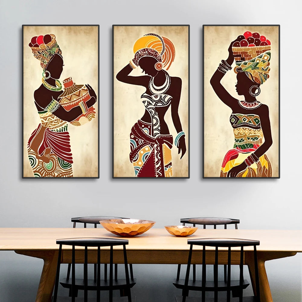NDEBELE TRIO CANVAS SET – 3x Vintage Figure Wall Art Prints - Glow by Hellen African and Boho Jewelry African Home Decor Cultural Accessories