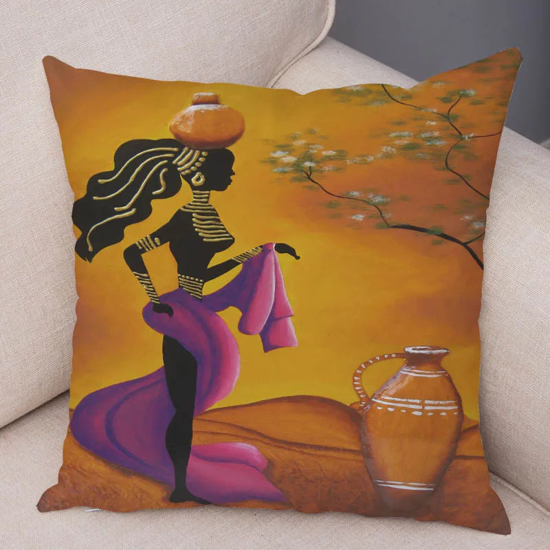 Abstract African Woman Pillowcase – Gallery-Style Exotic Cushion Cover - Glow by Hellen African and Boho Jewelry African Home Decor Cultural Accessories