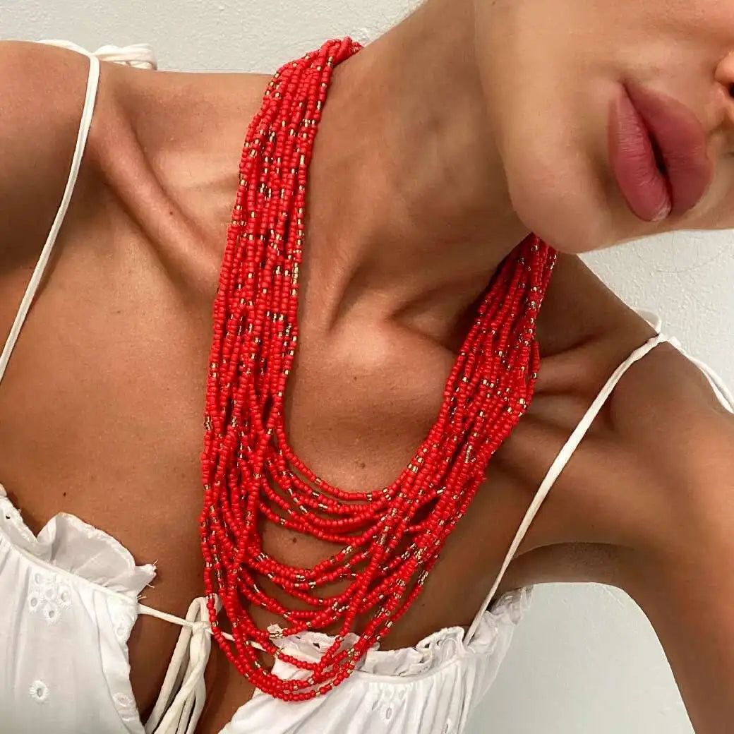 HIMBA SUNSET SEED CHOKER – Bohemia Red Small Seed Beads Chain Necklace - Glow by Hellen African and Boho Jewelry African Home Decor Cultural Accessories