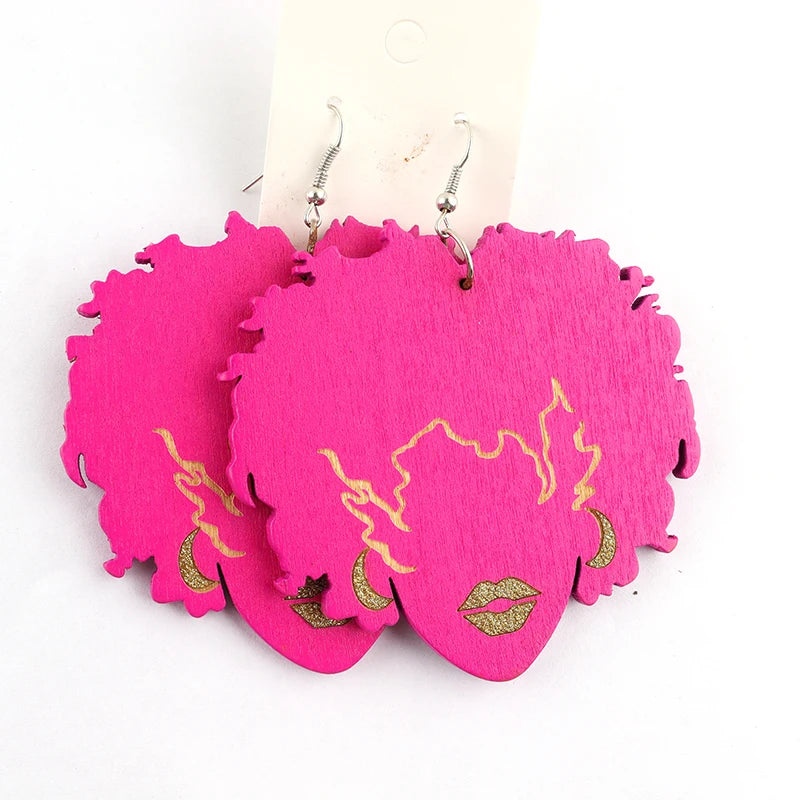 Shinny Sexy Afro Girl Wooden Earrings – Handcrafted Boho Chic - Glow by Hellen African and Boho Jewelry African Home Decor Cultural Accessories