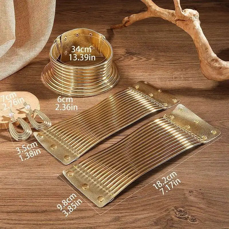 African Statement Jewelry Set — 5-Piece Golded Leather Choker & Accessories - Glow by Hellen African and Boho Jewelry African Home Decor Cultural Accessories