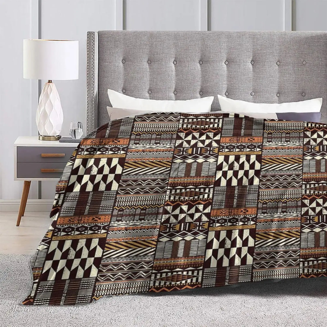 KUBA PATCHWORK THROW BLANKET – Native African Tribal Style Soft Flannel Bedspread - Glow by Hellen African and Boho Jewelry African Home Decor Cultural Accessories