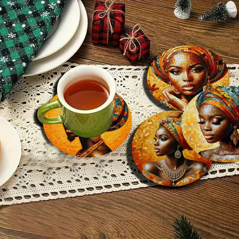 4-Piece Wooden Coaster Set – Artistic Tribal Patterns for Everyday & Celebrations - Glow by Hellen African and Boho Jewelry African Home Decor Cultural Accessories