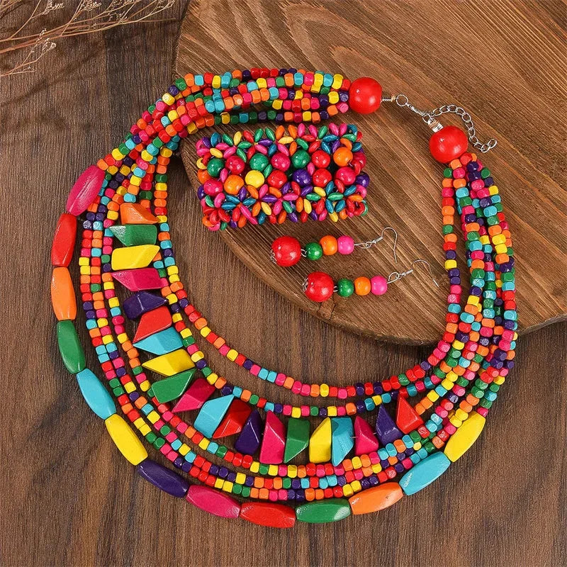 Boho Multilayer Big Colorful Wood Jewelry Set - Glow by Hellen African and Boho Jewelry African Home Decor Cultural Accessories